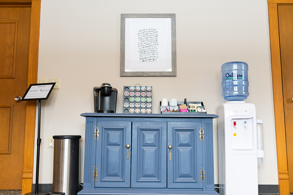 Sycamore, IL Wellspring Counseling water and coffee station in waiting room