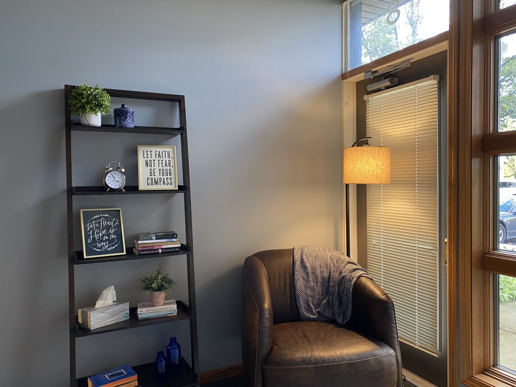 Relax in a comfortable chair at Wellspring Center for Counseling, where all clients are made welcome on their healing journey. 