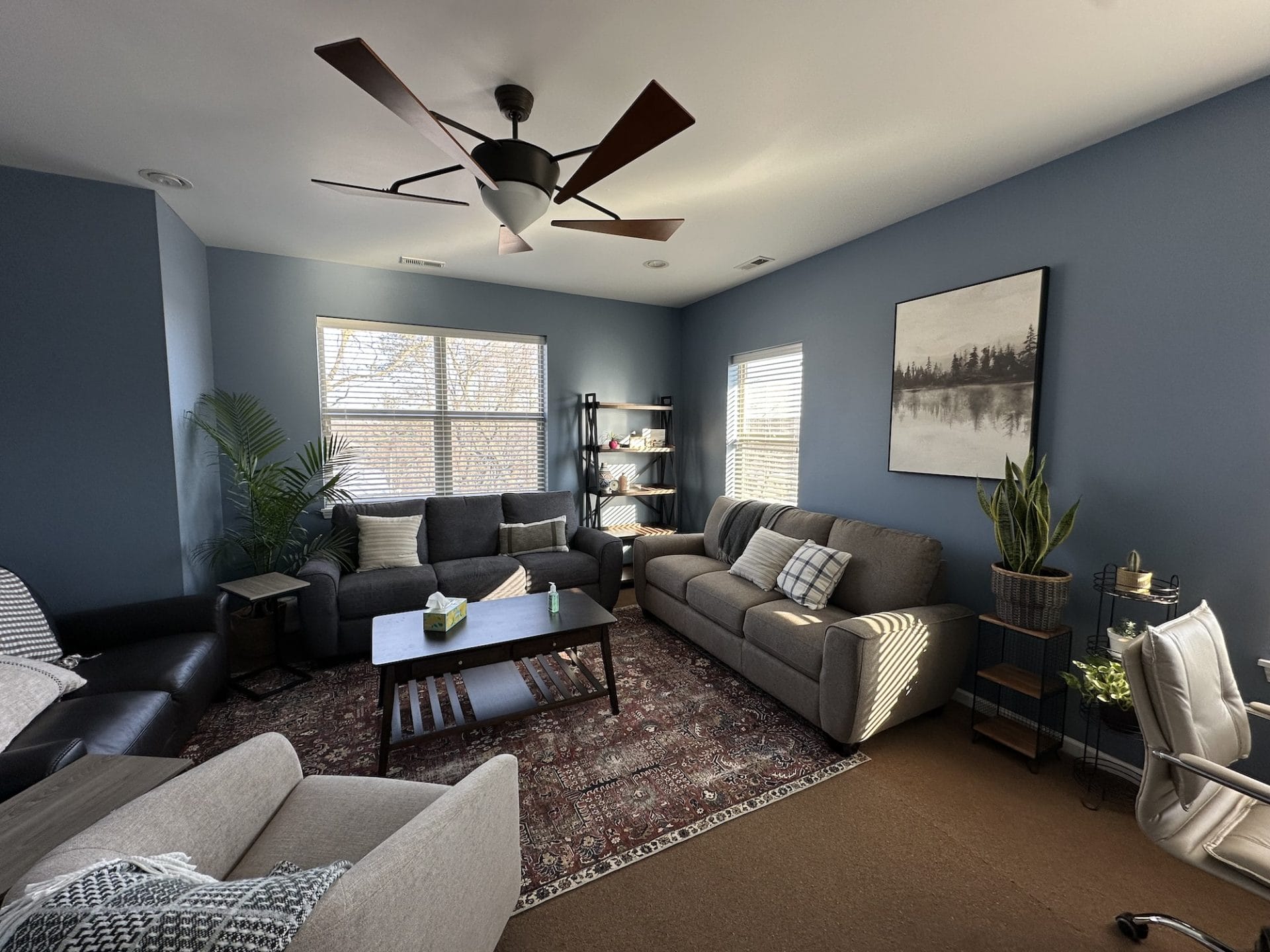 Comfortable counseling office with blue walls, neutral-toned couches, large windows, a ceiling fan, and natural light creating a warm and welcoming environment.