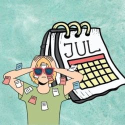 Illustration of an overwhelmed person under a large July calendar, symbolizing summer stress and mental health challenges.